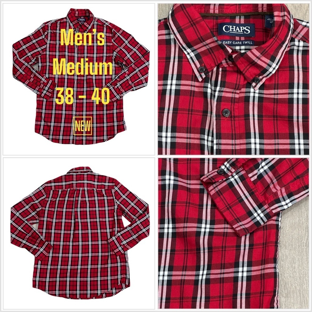 Men's Chaps Medium 38 - 40 Shirt Twill Plaid Red Black Long Sleeve Pocket NWOT